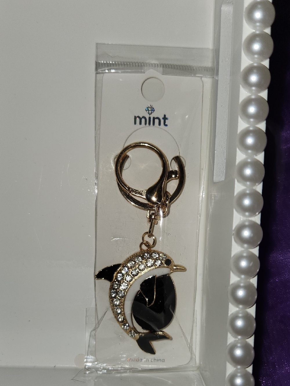 Mint Gold and Black Dolphin Keyring with Crystals